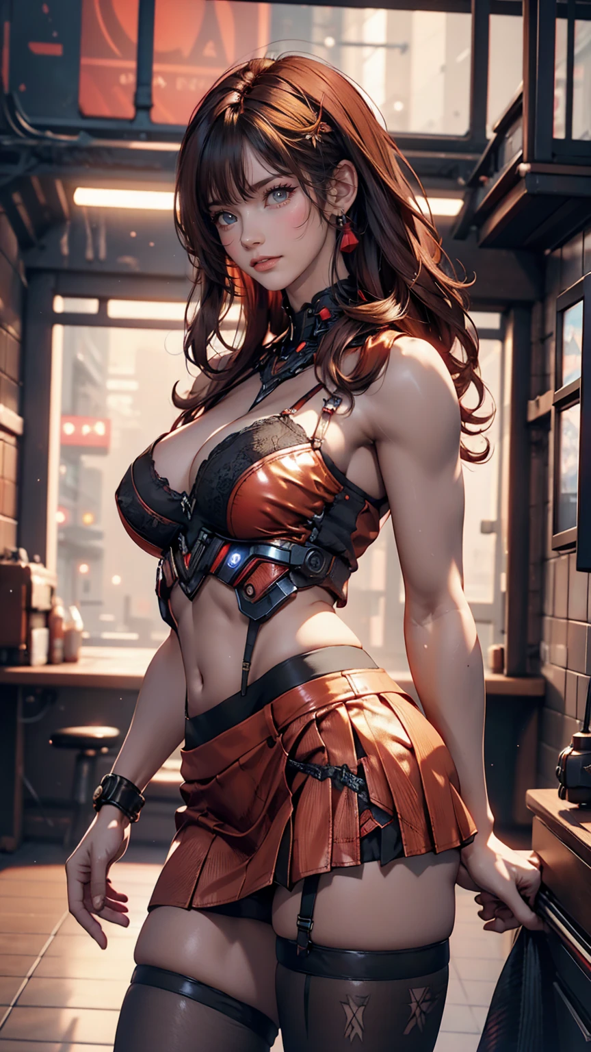 Unreal Engine:1.4, CG K Ultra Realistic, Realistic:1.4, Skin Texture:1.4, masterpiece:1.4, Beautiful woman in babydoll lingerie and red hot pants, Special Cyberpunk Style, CG and Realistic image, ultra-detailed Skin Texture. A masterpiece creation of a woman adorned in a yellow cyberpunk-style outfit, Short skirt, Red Pantyhose, Blue mini skirt, Unreal Engine trend, Ultra-realistic texture, Realistic digital art.