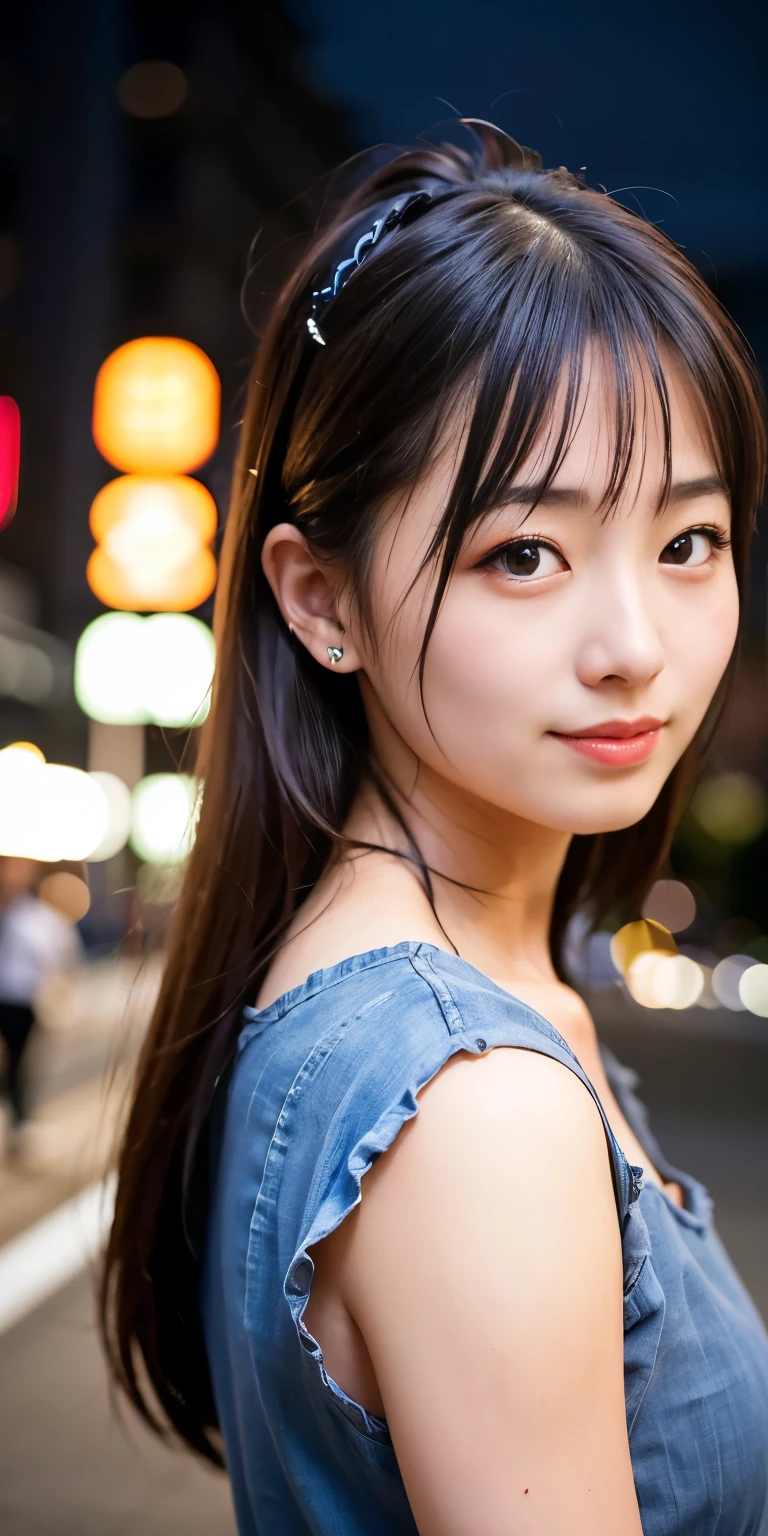 1 Girl, Tokyo Street,night, Streetscape,City lights,Upper Body,close,smile,, (8K, Raw photo, highest quality, masterpiece:1.2),(Realistic, photo-Realistic:1.37),