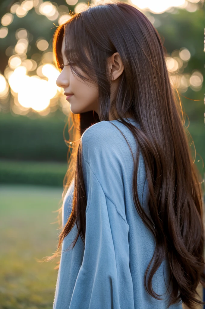 Smooth long hair、　Back view、　Glowing hair、