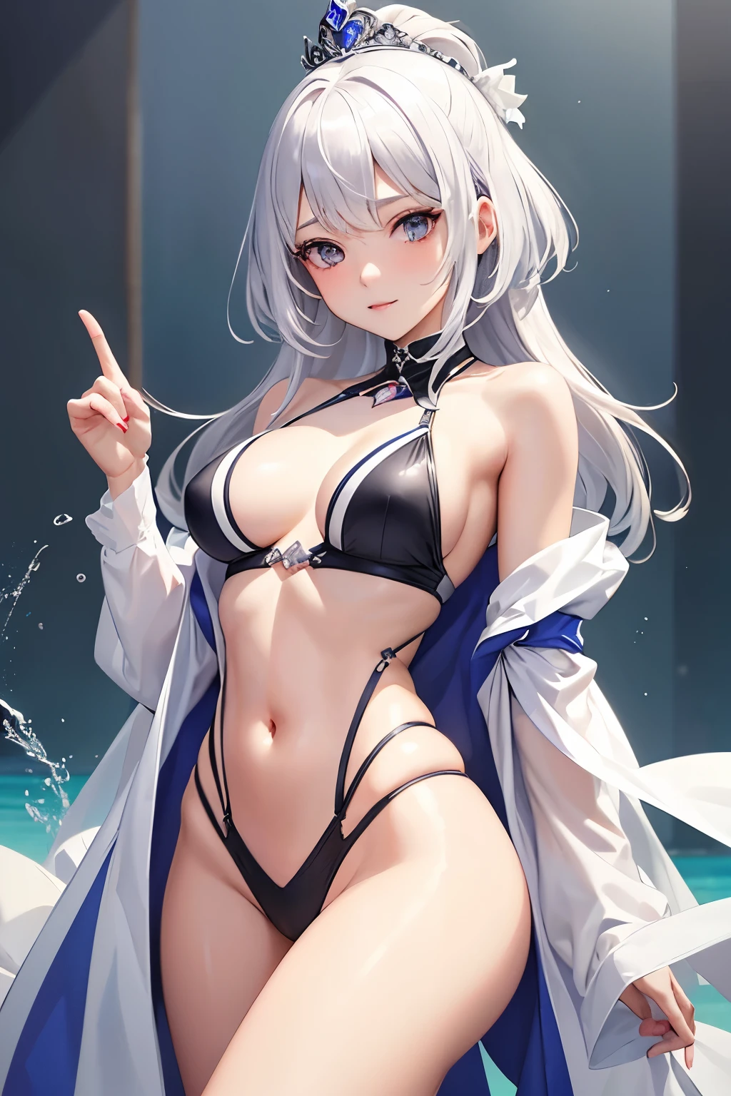 （（（ＳＦＷ、highest quality、first-class、masterpiece、Normal body、8k、Detailed face、Ultra-precision、Normal hand、Normal finger、５Finger、Highest）））、beautiful girl、Silver-white hair、Small breasts、Shortcuts、Princess、Ridiculous Swimsuit、Dangerous swimsuit、High leg、Navel sticking out、valley、It seems visible but it&#39;s not、Private beach、Secret Vacation、Beach parasol、Fours style