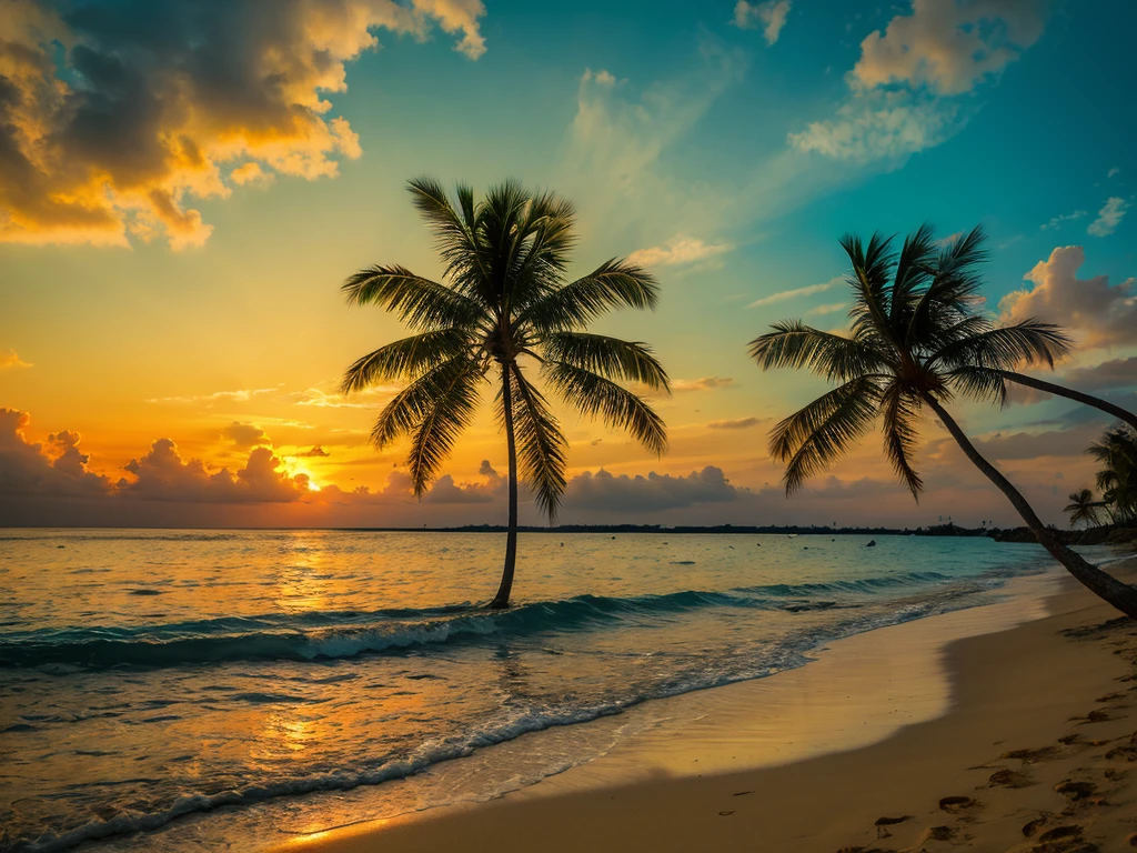 Tropical beach at sunset with vibrance and saturation