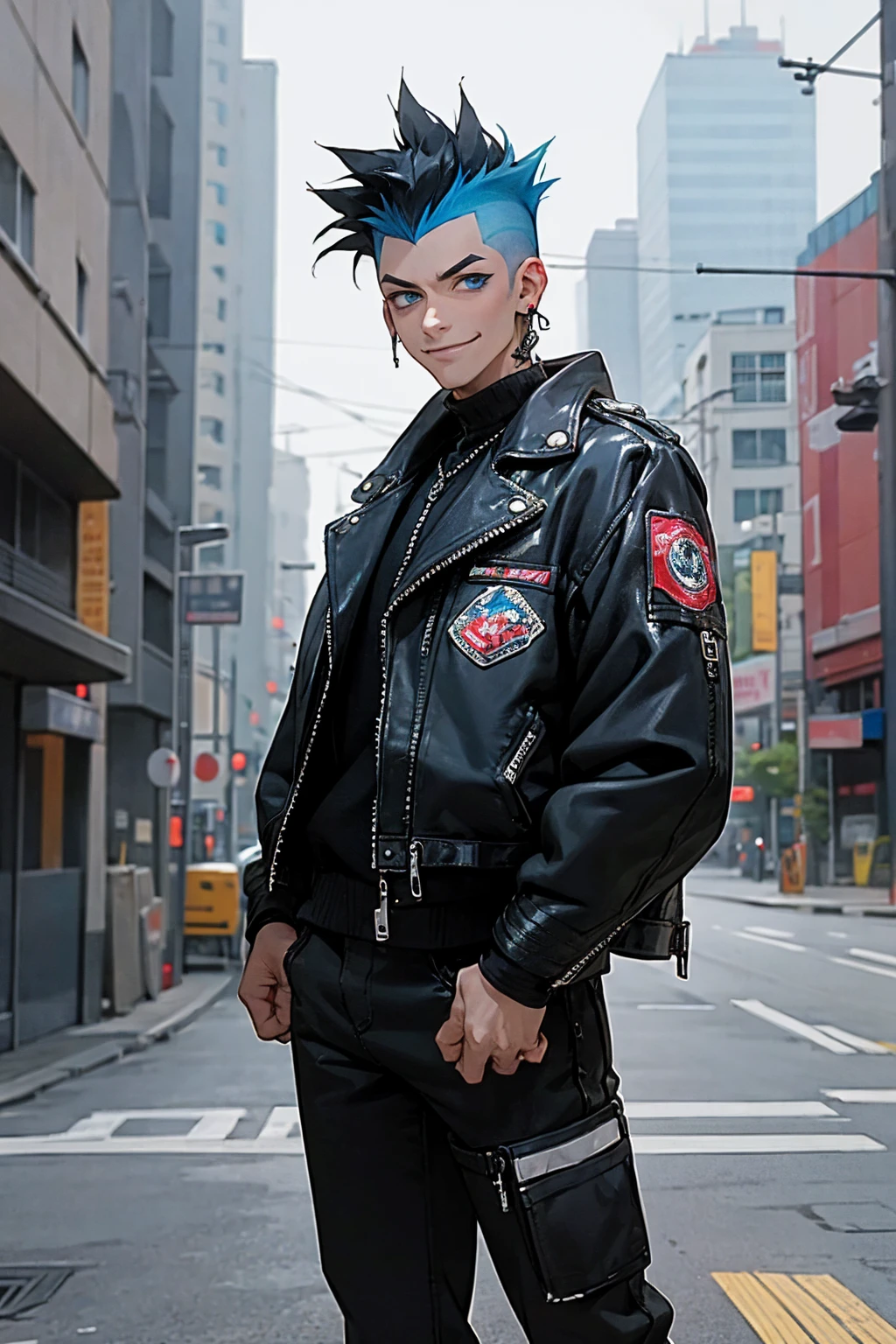 1male, faded mohawk, black hair, smiling, blue eyes, leather jacket, baggy jacket, baggy clothing, city background, detailed background, hands to side, standing on path