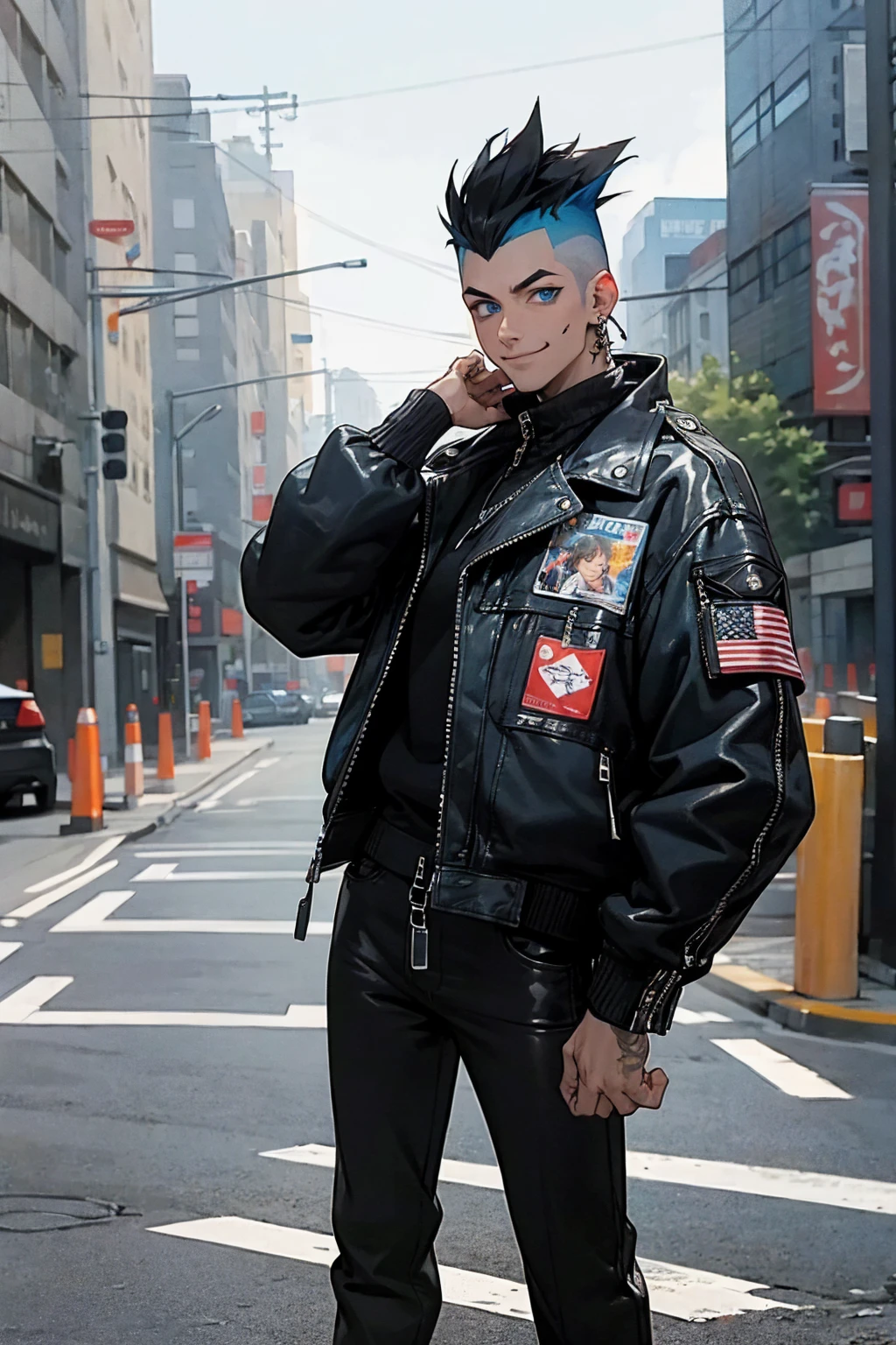 1male, faded mohawk, black hair, smiling, blue eyes, leather jacket, baggy jacket, baggy clothing, city background, detailed background, hands to side, standing on path