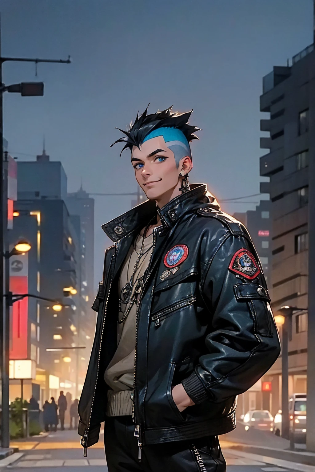 1male, faded mohawk, black hair, smiling, blue eyes, leather jacket, baggy jacket, baggy clothing, city background, detailed background, hands to side, standing on path