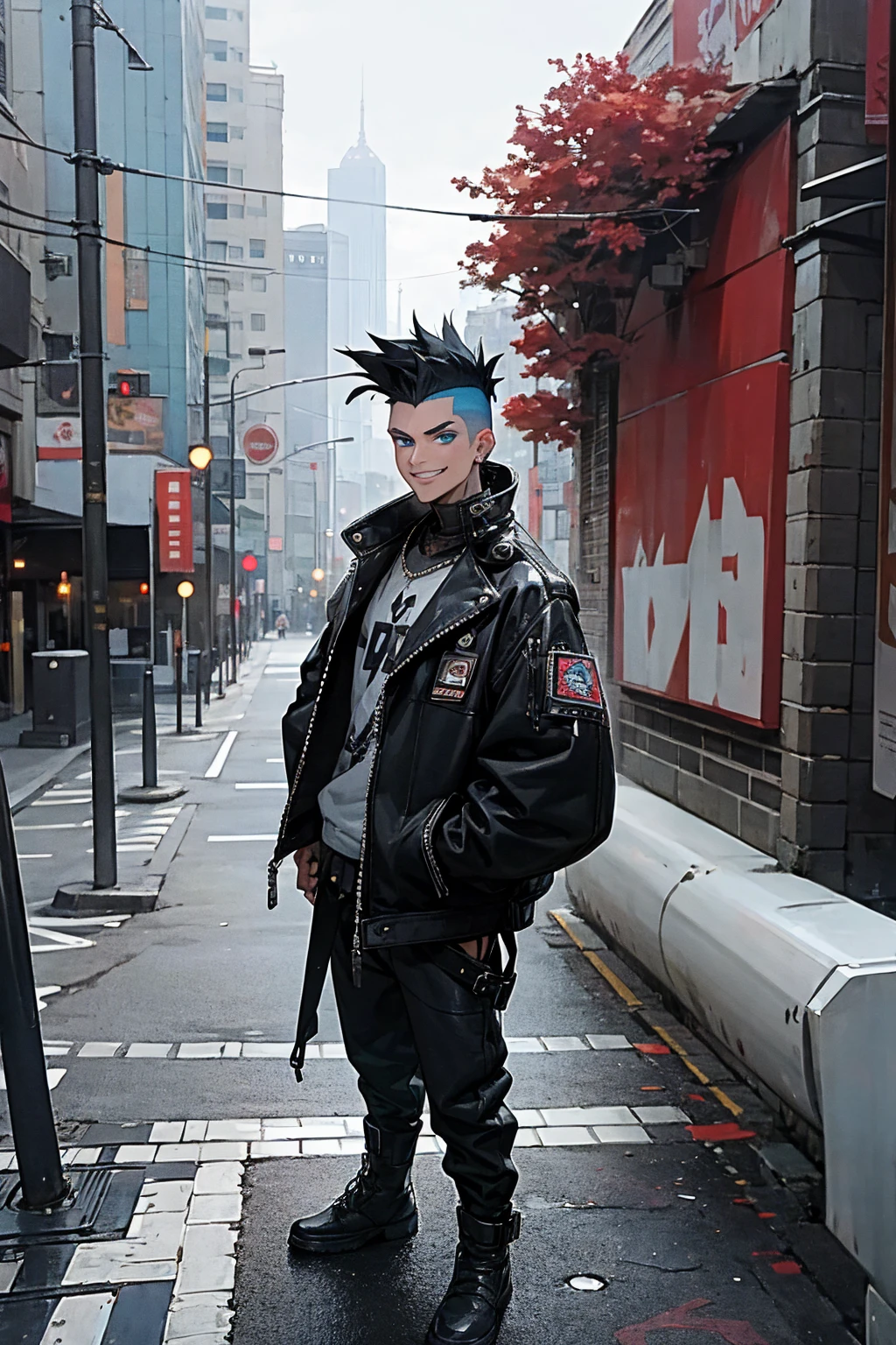 1male, faded mohawk, black hair, smiling, blue eyes, leather jacket, baggy jacket, baggy clothing, city background, detailed background, hands to side, standing on path