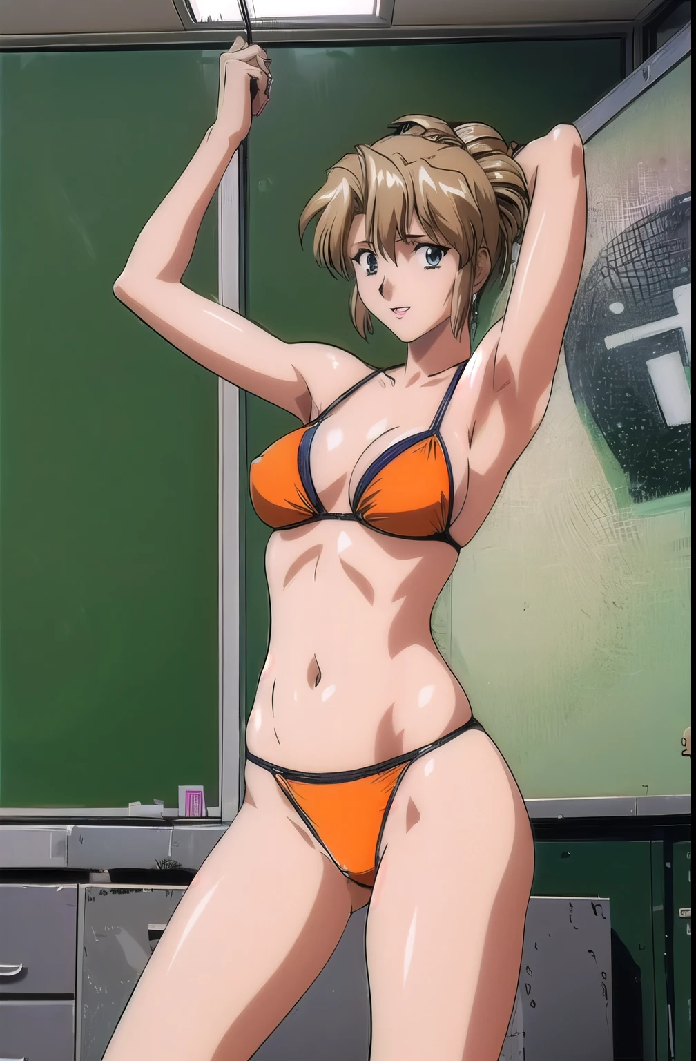 masterpiece, best quality, looking at viewer, (upper body:1.7), medium height, ultra detailed, (on-shoulders:1.5), (little biceps:1.25), (bottomless:1.8), (black hair), (smile:1.5), folded ponytail, locker room, bright image, (blue bikini:1.5), hot colors, (leg strap:1.5), closed fists, lip stick, smile, very big breasts with perky nipples, big cleavage, white skin, lights, high brightness, wide hips, groin line, white skin, (long belly:1.3)