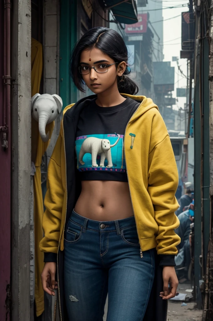 Young indian woman, skinny woman, , Thick-framed glasses, bindi, hacker girl, the Matrix style, cyberpunk, sweatshirt, holding a stuffed elephant