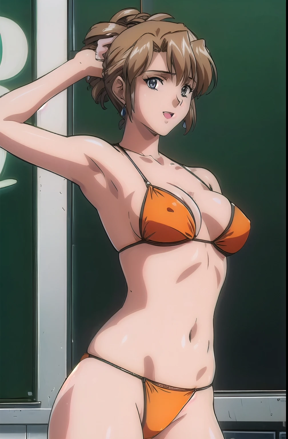 masterpiece, best quality, 1girl, looking at viewer, ultra detailed, cowboy shot, folded ponytail, teacher, classroom, chalkboard, bright image, orange bikini, hot colors, very happy, medium breasts, armpits