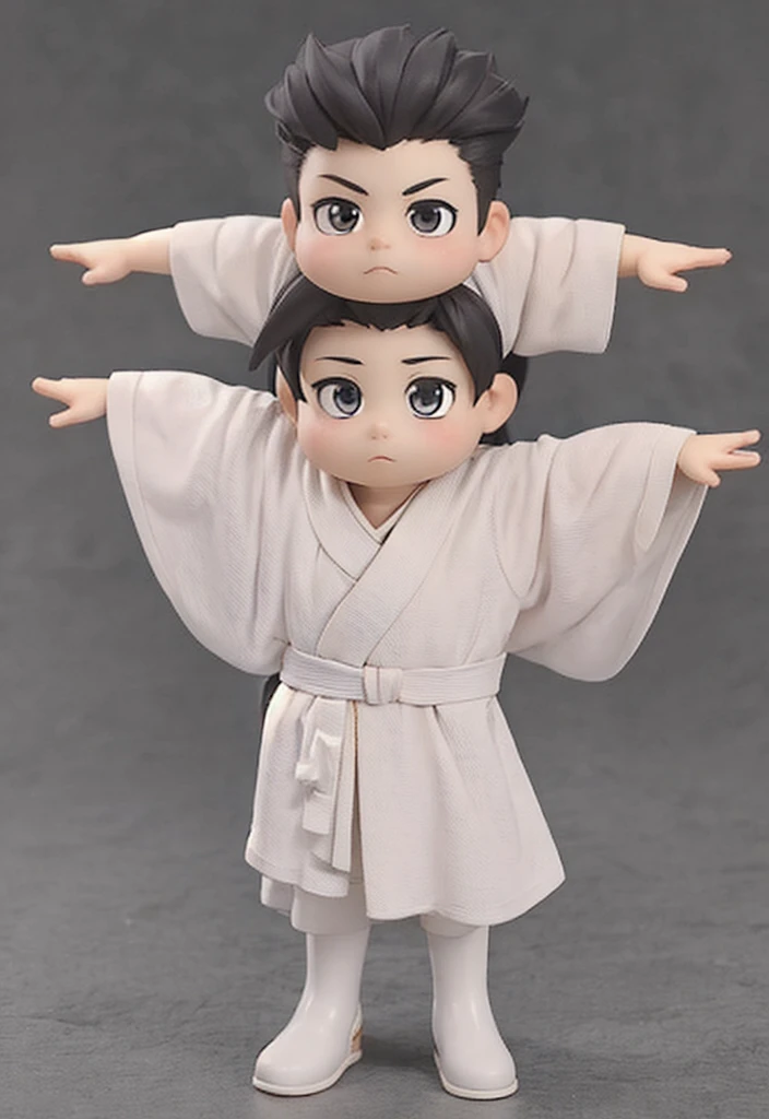 3D render of 1boy, solo, grey background, big head eyes hands and feet, full body, anime, cute, masterpiece, chibi, maplestory, wide eyes, chubby body, high details, black hair, Chinese, white and green robe, white and gold boots, front facing, tpose, outstretched arms, standing