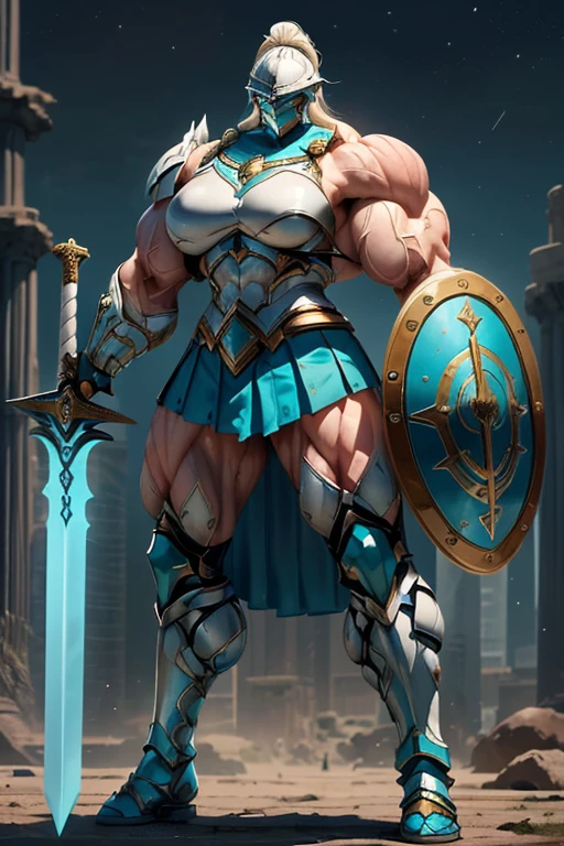 ((((Massive, tall, beautiful, buff, muscular pale white skinned female spartan with cyan hair, ginormous bulky muscles, holding a sword and shield and wearing an all cyan gleaming spartan armor and pleated skirt)))), (close view), black eyeliner, massive muscles, massive biceps, hyper muscle triceps, (long beachy hair), purple eyes, spartan boots, In a startan city, steel spartan armor, armor breastplate, nighttime, confident smile, (hyper muscles arms), hyper muscle legs, (ginormous arms)
