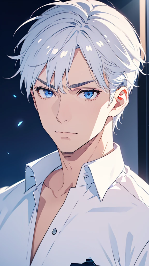 Boy, silver hair, blue eyes, serious sharp features, white skin, handsome, shirt, jacket