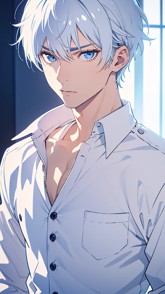Boy, silver hair, blue eyes, serious sharp features, white skin, handsome, shirt, jacket