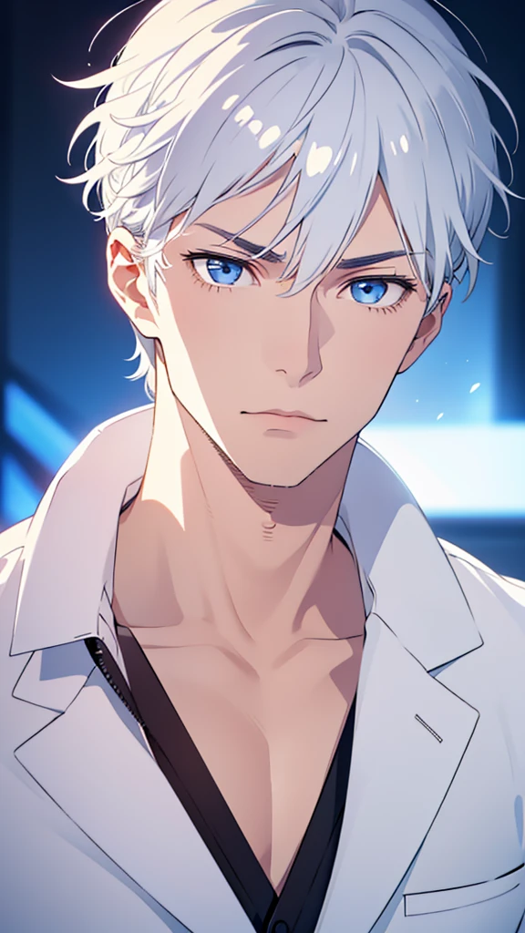 Boy, silver hair, blue eyes, serious sharp features, white skin, handsome, shirt, jacket
