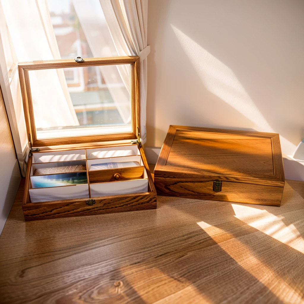 In this cozy room,A ray of sunlight shone through the half-drawn curtains on the table,Let the wood grain on the watch storage box shine with a faint luster。There was a calm and peaceful atmosphere in the air around them。There are several still lifes hanging on the walls of the room,It adds a touch of elegance to the space。And on the other side of the room,The half-open window lets in the breeze,The pages on the small desk by the window turned in the wind,This quiet scene gives a sense of tranquility and comfort。