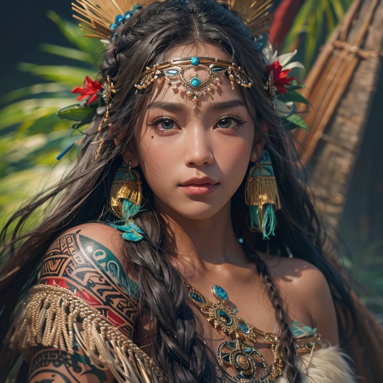 Polynesian Sea、Hair blowing in the wind 、 ((highest quality、masterpiece、8k、Best image quality、Ultra-high resolution、Award-winning works)、(Accurate anatomy:1.1)、(Look at me and smile:1.0)、Shining fair skin with Ultra-high resolution、The most detailed face、Ultra-high resolution detailed face、Ultra-high resolutionの髪の毛、(Ultra-high resolution eye:1.1)、Beautiful face drawn in every detail、Polynesian Costume,Small breasts, Polynesian Tattoo, Polynesian canoe、Wearing Polynesian costumes:1.2.