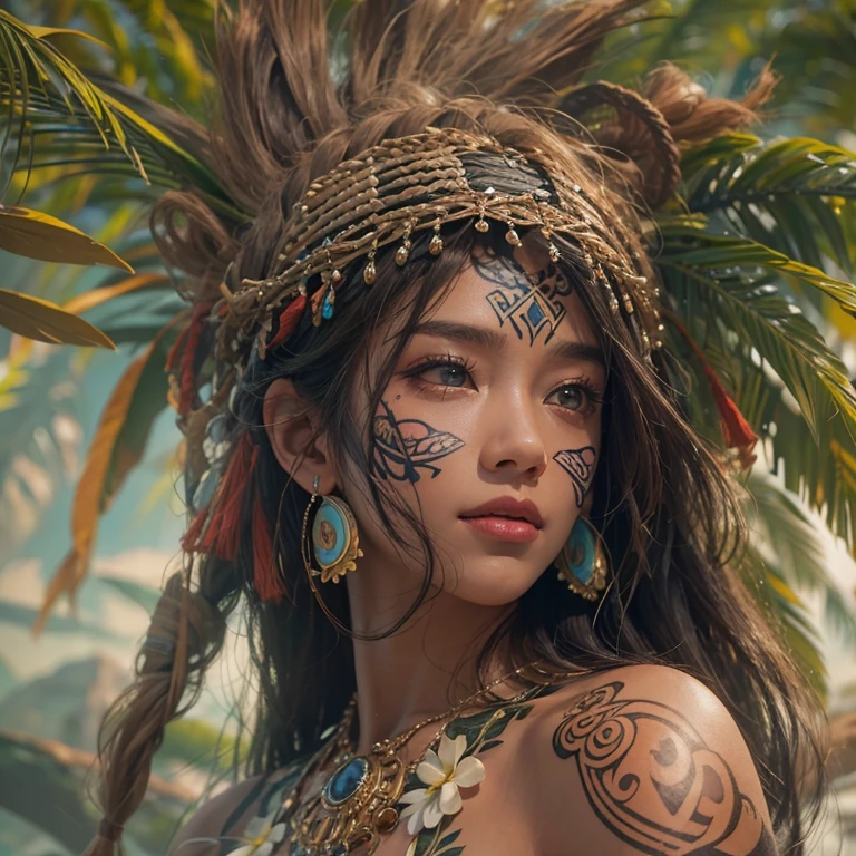 Polynesian Sea、Hair blowing in the wind 、 ((highest quality、masterpiece、8k、Best image quality、Ultra-high resolution、Award-winning works)、(Accurate anatomy:1.1)、(Look at me and smile:1.0)、Shining fair skin with Ultra-high resolution、The most detailed face、Ultra-high resolution detailed face、Ultra-high resolutionの髪の毛、(Ultra-high resolution eye:1.1)、Beautiful face drawn in every detail、Polynesian Costume,Small breasts, Polynesian Tattoo, Polynesian canoe、Wearing Polynesian costumes:1.2.