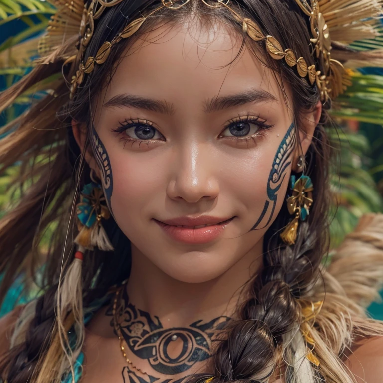 Polynesian Sea、Hair blowing in the wind 、 ((highest quality、masterpiece、8k、Best image quality、Ultra-high resolution、Award-winning works)、(Accurate anatomy:1.1)、(Look at me and smile:1.0)、Shining fair skin with Ultra-high resolution、The most detailed face、Ultra-high resolution detailed face、Ultra-high resolutionの髪の毛、(Ultra-high resolution eye:1.1)、Beautiful face drawn in every detail、Polynesian Costume,Small breasts,  Polynesian Tattoo,  Polynesian canoe、Wearing Polynesian costumes:1.2.