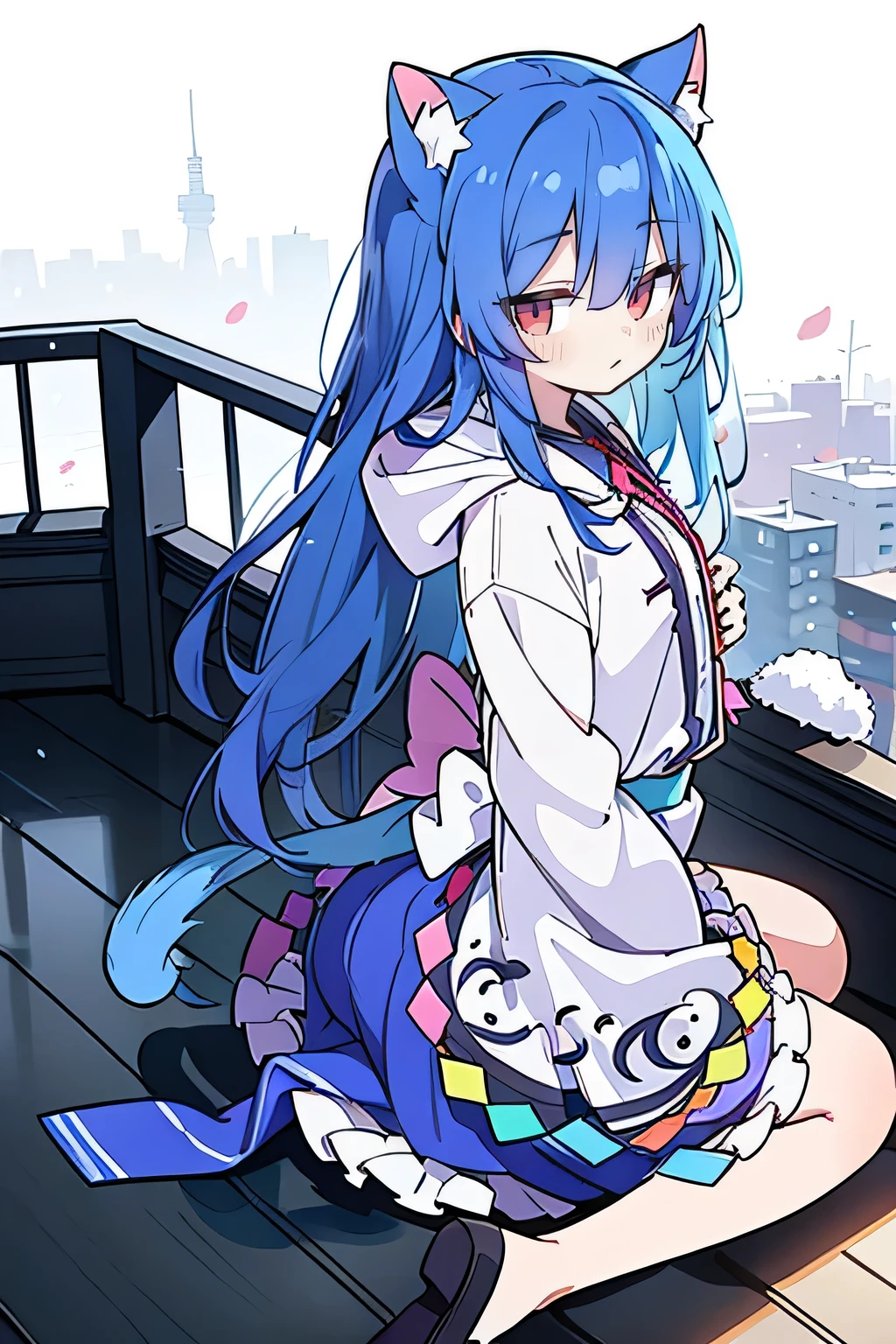 (masterpiece:1.2),Super detailed,lifelike,Expressive eyes,fair skin,perfect face shape,1 girl,
Japanese comics,Gorgeous blue hair,flowing blue hair,flowing clothes,Cat ears,Petals fall,beautiful lola,Baby Angel,
Shaking head with one hand,Cross your legs,Gentle and peaceful background,The pavilion is cool and comfortable,smile, wearing hoodie, background of tokyo,back views,snowing, winter.