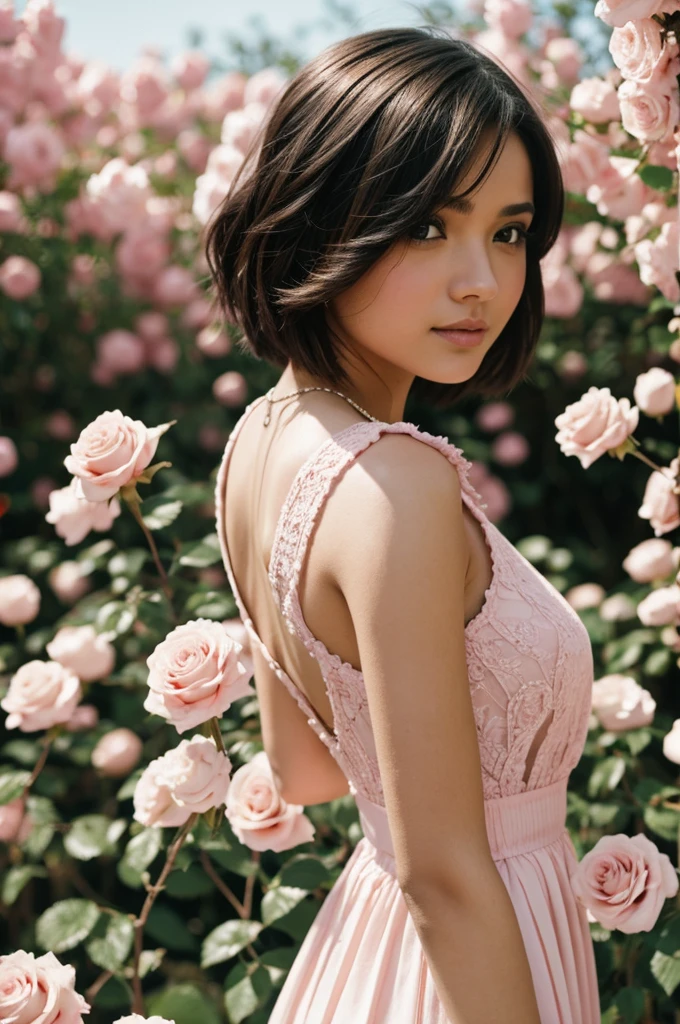8K, foto cruda, fujifilm, Style photography of a beautiful young girl like Avril in a light pink rose garden. (piel muy detallada: 1.2) Style-Petal BREAK short hair, cabello rubio con mechones de colores, usando un vestido, film grain, 35mm, lindo estilo