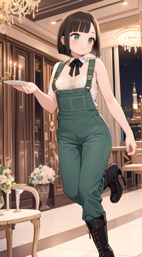 (masterpiece, best quality), female adult, delicate, maori, dark green eyes, unique nose, square chin, unique jaw, narrow forehead, smoky eye makeup , light brown long bob hair, affection wearing capri overalls, balconette bra, lace-up boots, , high heel pose, striking a pose in high heels, enhancing leg length and adding a touch of sophistication, colored lighting, soft pastel or deep, rich hues infusing the scene with a unique and sensual ambiance, a joyful birthday party, with colorful decorations and laughter in the air