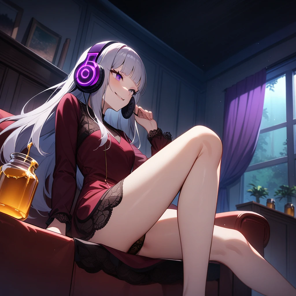 (masterpiece),(best quality),very aesthetic,(ultra-detailed),(illustration),(degenerate),very aesthetic,nsfw,1girl,yo,slender,long hair,silver hair,straight hair,(blunt bangs),dark blue alluring eyes,comfortable,(Purple shining headphones,listening to music with headphones),smirk,singing,An elegant and sophisticated outfit perfect for a party, featuring a dark red velvet dress with green lace accents,long sleeves,bare legs,Honey Dipper,Jar of honey,looking at jar of honey,ecstasy,happy,inroom,couch,reclining,on couch,spread legs,night sky,Lascivious atmosphere,fantastic atmosphere,moonlight,Moonlight through the window,forest landscape,backlighting,(darkness room),Lace curtains flutter in the wind,Toxic green colored lace panties,Old furnishings,dusty room,cowboy shot,from below