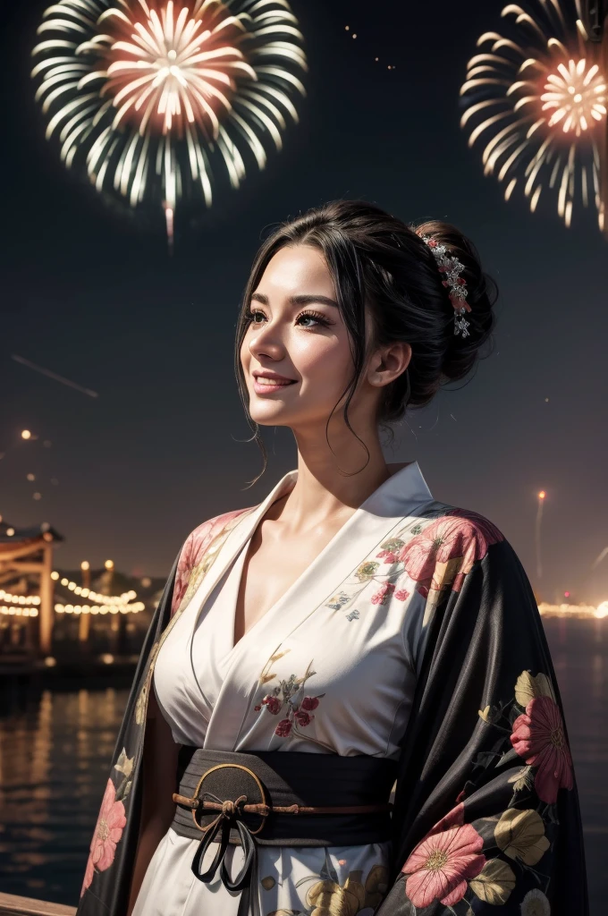 masterpiece, best quality, extremely detailed, hyperrealistic:1.1, photorealistic, a beautiful 20s russian model, ultra detailed face:1.1, white japanese yukata, black kimono cardigan, half updo, black hair, fireworks festival, detailed fireworks:1.1, fireworks burst in a multitude of vibrant hues, each explosion is intricately detailed with sparks and captivating rails, the night sky is clear and the stars twinkle in the background, medium shot, laughing