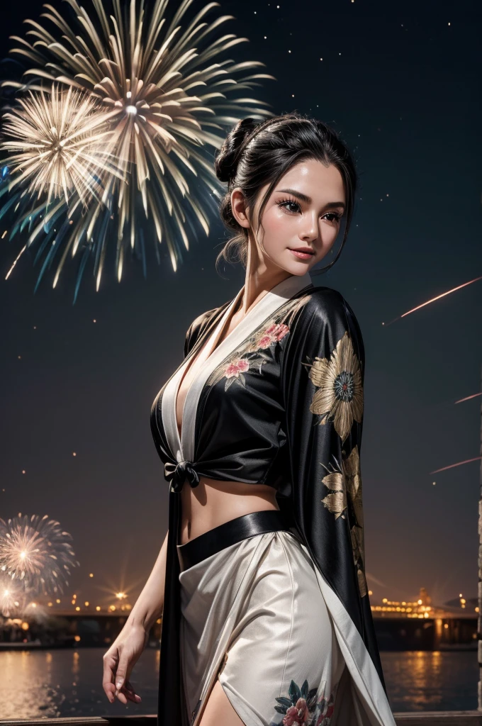 masterpiece, best quality, extremely detailed, hyperrealistic:1.1, photorealistic, a beautiful 20s russian model, ultra detailed face:1.1, white japanese yukata, black kimono cardigan, half updo, black hair, fireworks festival, detailed fireworks:1.1, fireworks burst in a multitude of vibrant hues, each explosion is intricately detailed with sparks and captivating rails, the night sky is clear and the stars twinkle in the background, medium shot, laughing