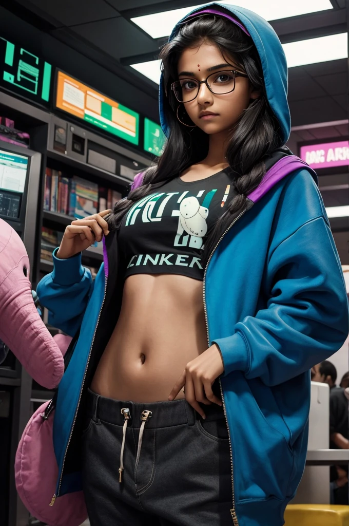 Young indian woman, skinny woman, , Thick-framed glasses, bindi, hacker girl, the Matrix style, cyberpunk, sweatshirt, holding a stuffed elephant toy