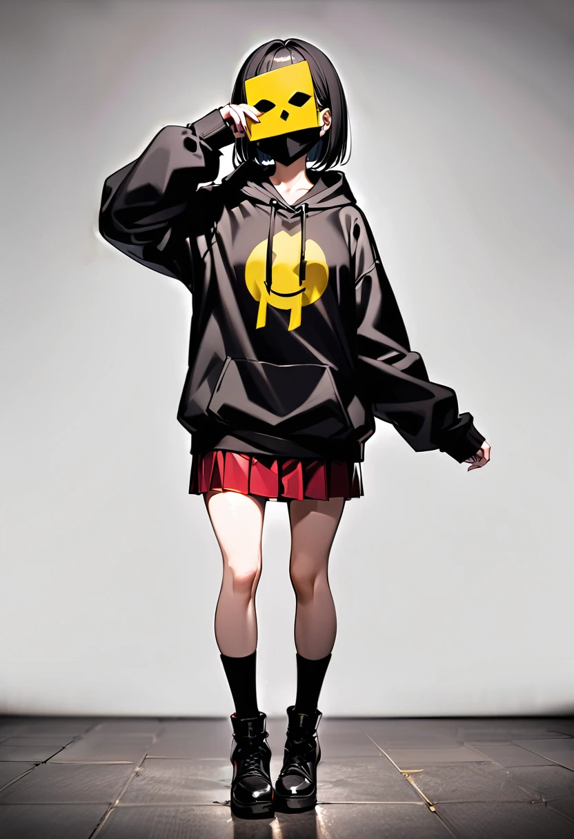 edgy girl, black hoodie, black hair, bob cut, red miniskirt, high socks, black mask covering her whole face with a yellow smile on it. Amazing quality, full body view