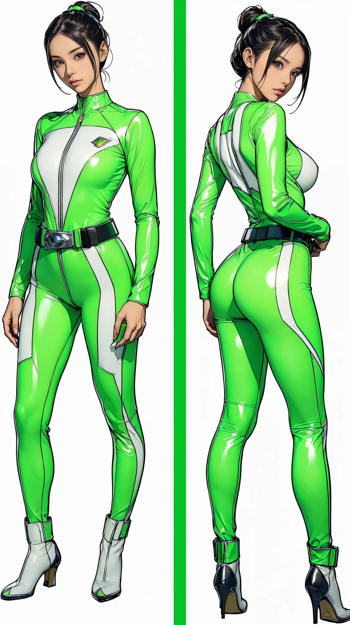((masterpiece)),(((highest quality))),((Reference Sheet, Character Design, front, return, ~ ~ side, Mr..々Hairstyle, Mr..々Performance, Facial Expressions)), -yeld gi Cute type, (Very slim:1.4), (Very small ass:1.4), Realistic buttocks, Big Breasts, Short Bob, Thin thighs, Long legs, ((Light Green Enamel Power Rangers、Big Breasts、Cover all breasts at all times、Wearing a light green leather full body suit、Large emblem on the chest、Always wear a belt with a large buckle, White suit、Truly a Sentai hero)), ((Browsing Caution:1.0))