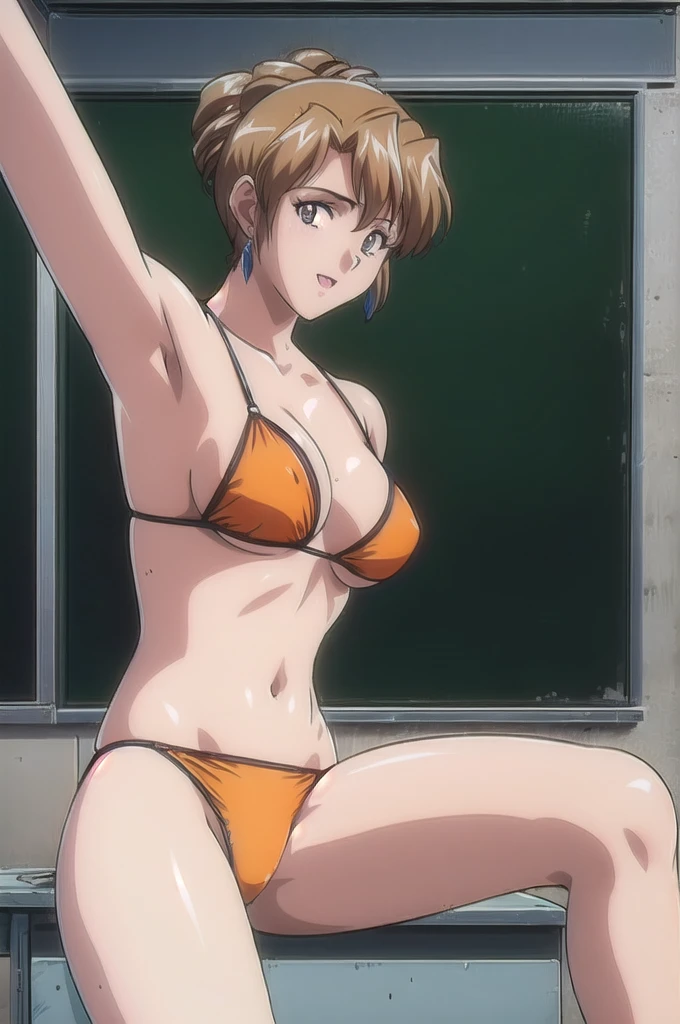 masterpiece, best quality, 1girl, looking at viewer, ultra detailed, cowboy shot, folded ponytail, teacher,  classroom, chalkboard, bright image, orange bikini, hot colors, very happy, medium breasts, armpits