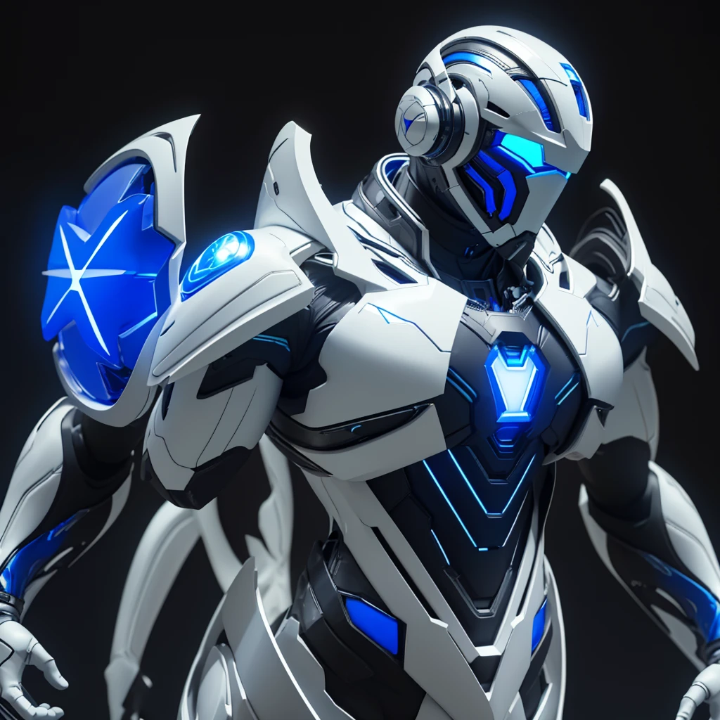 Dronificated unknown man in a fully enclosed white latex fullbody suit with blue lights across the suit and star shaped glowing core in the chest, fully enclosed cyber helmet that cover her whole face and hides his identity with a blue screen that has a white star, muscular, strong, in a storage, no face, no hair, no mouth, no eyes, (perfect anatomy)