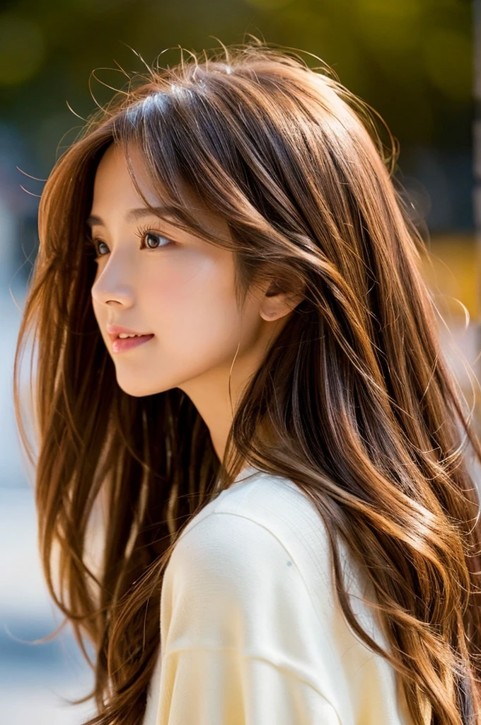 Smooth long hair、　profile、　Glowing hair、Brown Hair、