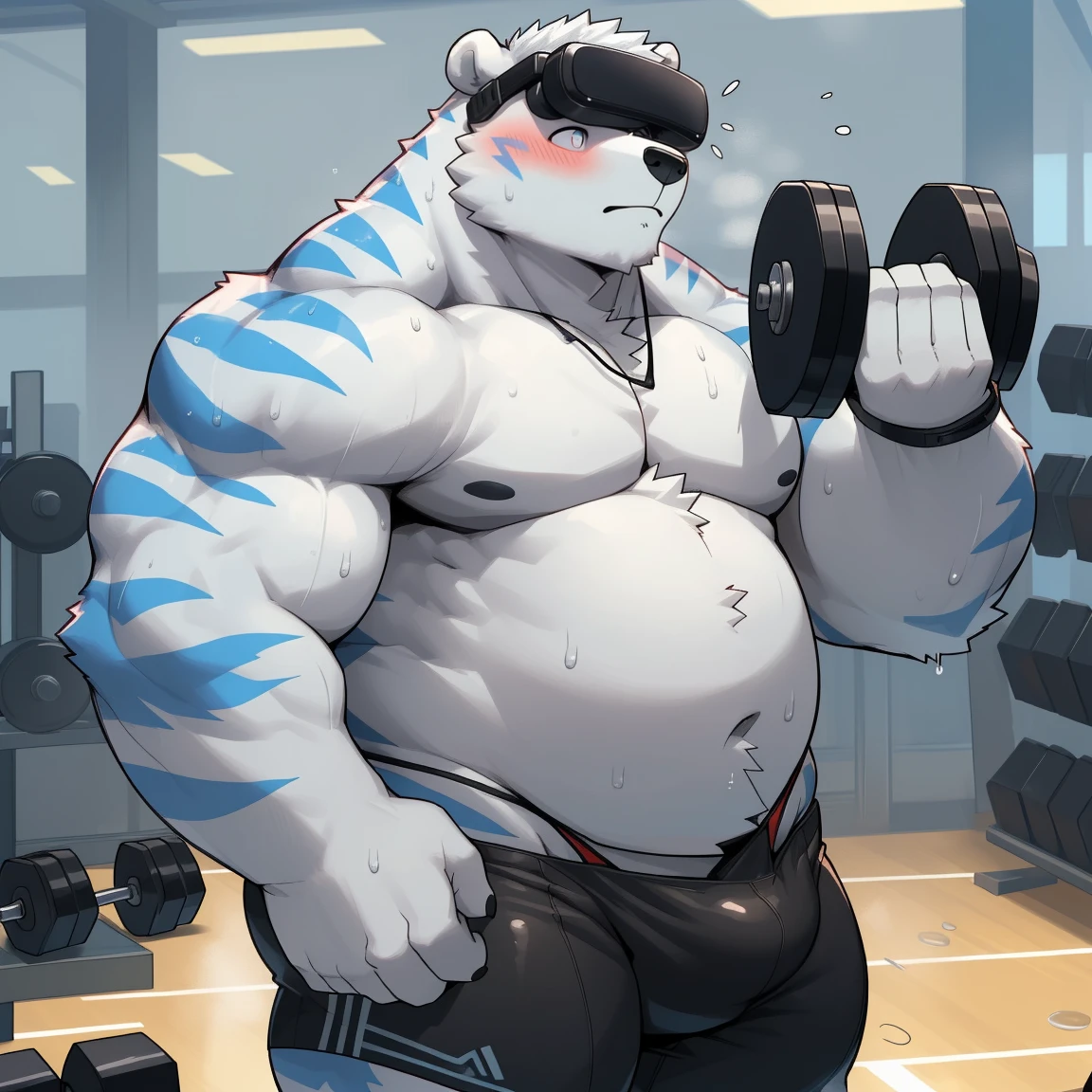 masterpiece, best quality, 8k resolution, Very detailed, hairy,(((polar bear)),(((Mature))),(((Strong))),(((White hair all over body))),portrait,(((White hair))),(((body blue stripes))),(((Gym))),For the audience,(((Dumbbell in hand))),Highest quality scene,Solitary,solitary,(((whole body))),(((Sweating))),(((Half-squatted))),(((thong))),(((Shirtless))),((Fat-enclosed muscle)),(((Shameful))),((Blushing)),(((Round face))),(((alone))),((VR glasses)),(((Strong body))),(((Hip bulge))),(((erectile)))