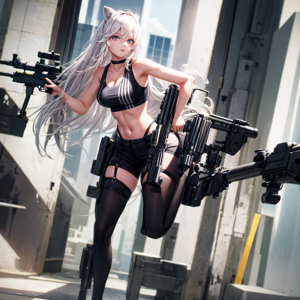 solo、full-body portraits、sleeveless、White-colored skin，Large Breasts,Sniper rifle，Magnum，Black tights，cleavage