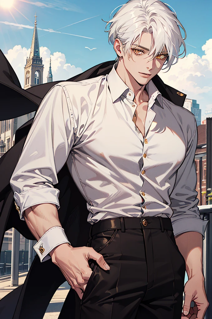 (absurdres, highres, ultra detailed), 1man, 30 years old man, adult man, handsome, tall,, ((finely detailed eyes and detailed face)), leather pants, (((white shirt))), smile, dutch angle, ((Semi Short, White hair)), gold details, gothic, vampire, vampire prince, dark, looking at the view, pale skin, detailed eyes, (masculine), sexy, elegant, (((Golden eyes))), ((Golden Eyelashes)), high quality eyes, well built body, sunny, sun, bright sky, proper hands, male