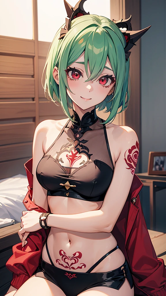 25 year old girl manga style, delgada con cabello corto color estilo bob color gris ojos verdes oscuros, con mirada linda y sonrisa con busto estilo nanatsu no taizai, con ropa estilo anime, with top and crimson red chameleon tattoo on abdomen.