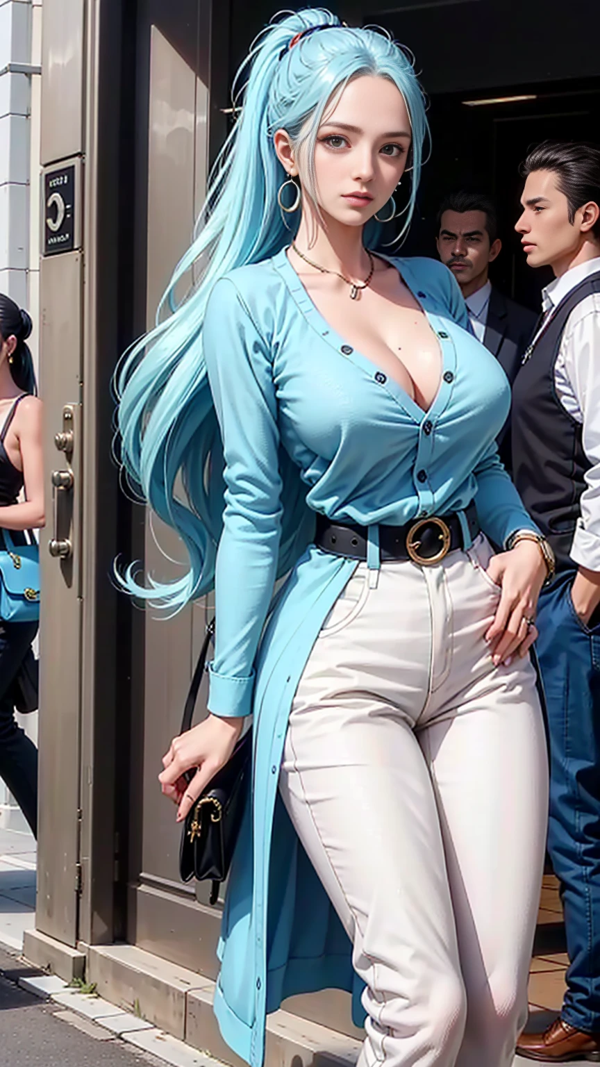 vivi from anime one piece, long hair, light blue hair, ponytail hair, perfect body, big breasts, long sexy legs till feet, beautiful woman, very beautiful, wearing a blue over sized shirt, wearing a blue cardigan, white pants, wearing a handbag, wearing a watch , wearing earrings, being in a mall, Realism, masterpiece, textured skin, super detail, high detail, high quality, best quality, 1080P, HD, 16k