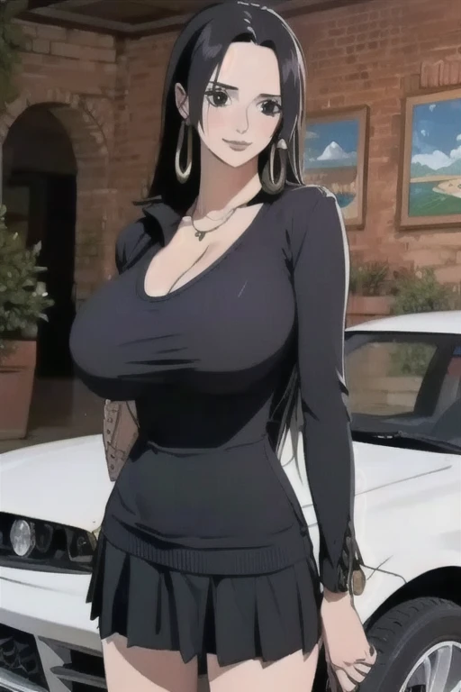 best quality, masterpiece, Very detailed,1 Girl, Pleated Skirt, sweater((Full and soft breasts,)))(((Large Breasts))) (((Cleavage)))