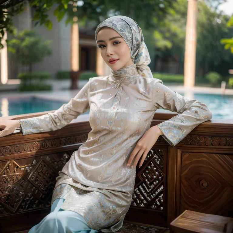 Best quality, masterpiece, realistic photos, intricate details, original photos, wearing traditional baju kurung, ultra-detailed, detailed faces, detailed skins, trends on artstation, 8k masterpieces, cinematic lighting, ((1girl)), ((solo)), rounded breast, slim fit body, long hijab, eid mubarak in malay village, half body