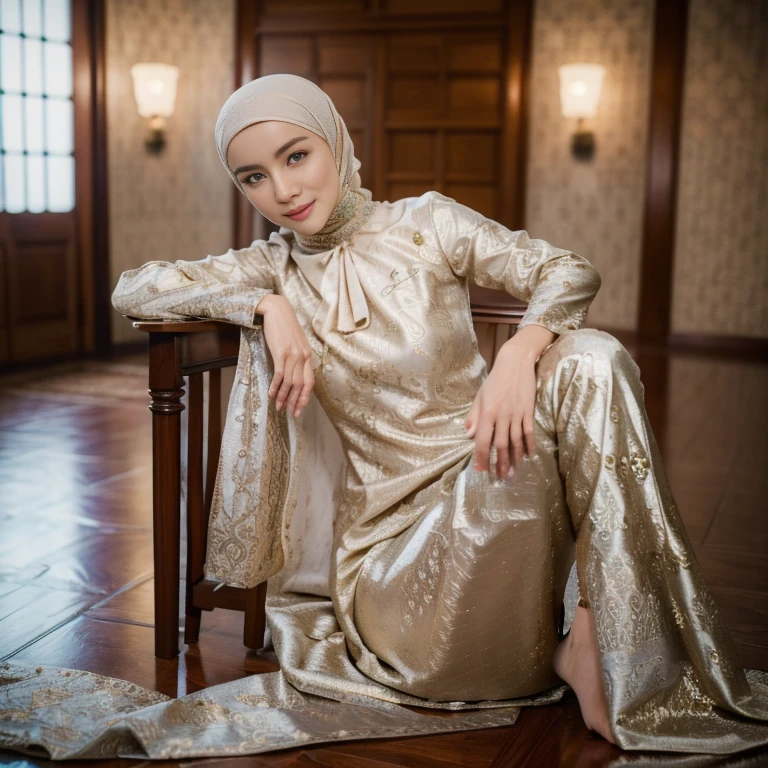 Best quality, masterpiece, realistic photos, intricate details, original photos, wearing traditional baju kurung, ultra-detailed, detailed faces, detailed skins, trends on artstation, 8k masterpieces, cinematic lighting, ((1girl)), ((solo)), rounded breast, slim fit body, long hijab, eid mubarak in malay village, half body