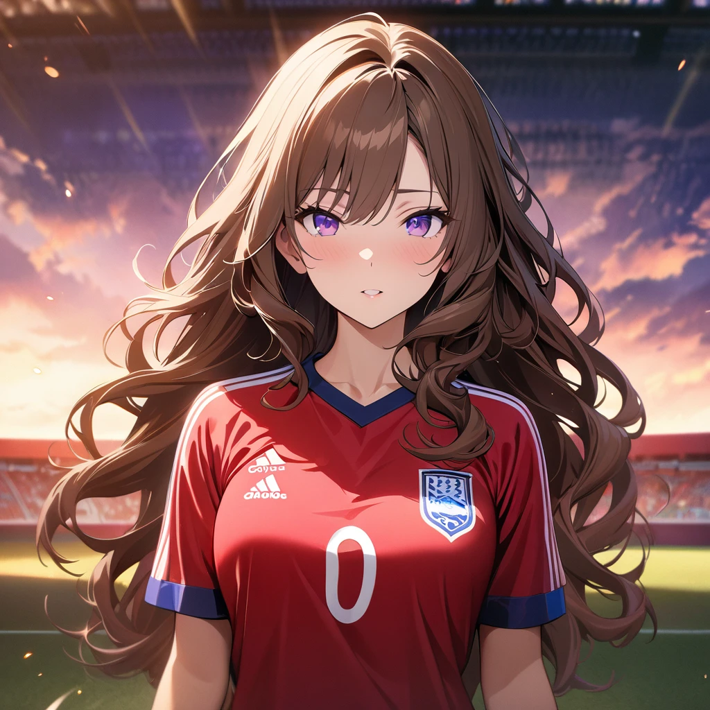 girl, brown hair, wavy hair, long hair, purple eyes, soccer shirt, pretty, mature, m Main face, front face, (beautiful Background,detailed background:1.5), (masterpiece, best quality:1.3),beautiful detailed glow, 8k wallpaper, best light,high resolution,detailed,dynamic ligt