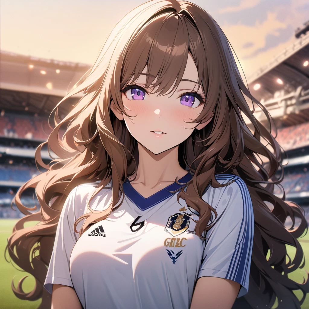 girl, brown hair, wavy hair, long hair, purple eyes, soccer shirt, pretty, mature, m Main face, front face, (beautiful Background,detailed background:1.5), (masterpiece, best quality:1.3),beautiful detailed glow, 8k wallpaper, best light,high resolution,detailed,dynamic ligt