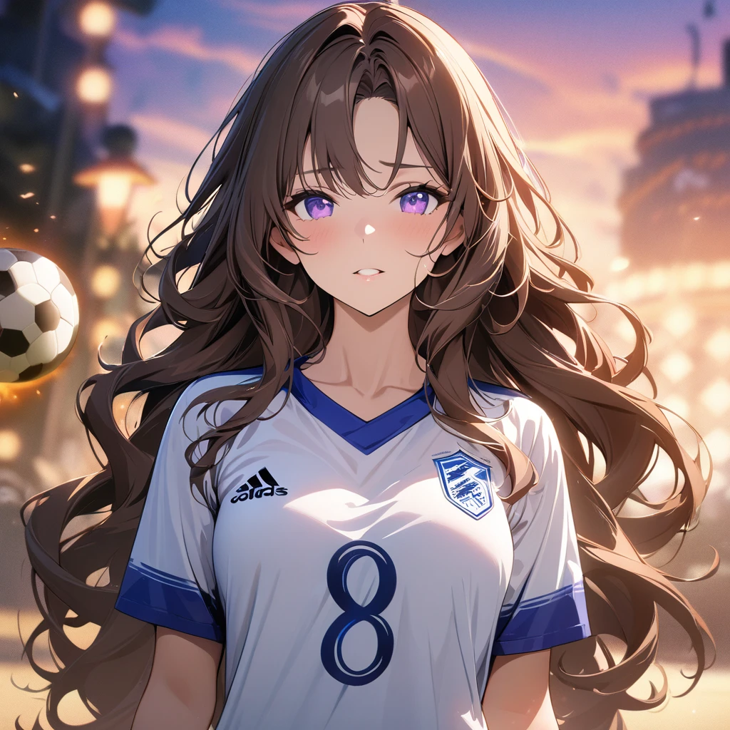 girl, brown hair, wavy hair, long hair, purple eyes, soccer shirt, pretty, mature, m Main face, front face, (beautiful Background,detailed background:1.5), (masterpiece, best quality:1.3),beautiful detailed glow, 8k wallpaper, best light,high resolution,detailed,dynamic ligt