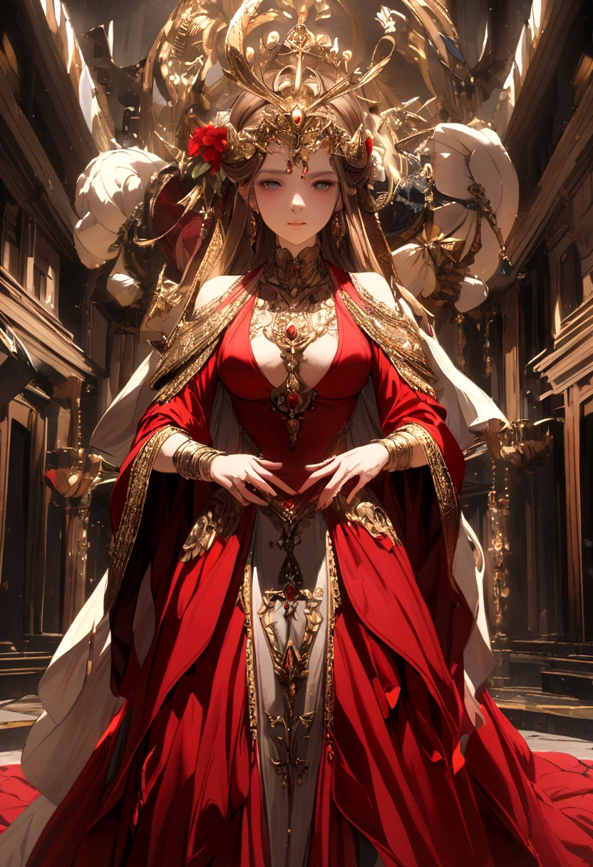 a goddess in a red gown, 