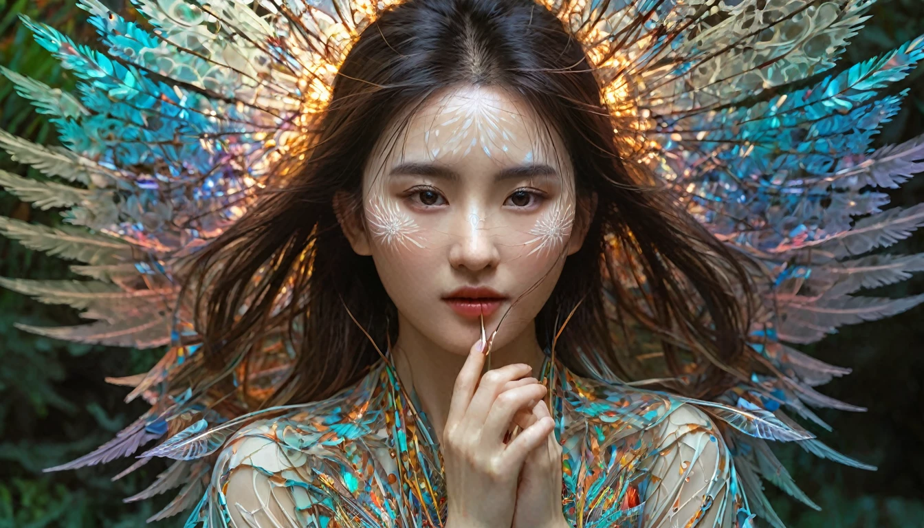 Abstract expressionist Photography abstract beauty, centered, (looking at camera), near perfection, dynamic, neonlight, highly detailed, artstation, concept art, smooth, sharp focus, art by Carne Griffiths and Wadim Kashin. Translucent brushstrokes, bold colors, abstract forms, expressiveness, emotions, official art, unified 8k wallpapers, ((ultra realistic photograph, real skin textures, lively real eyes)), ultra-detailed, beautiful and aesthetic, masterpieces, best quality, (zentangle, mandala, tangled), (fractal art: 1.3),extremely detailed, dynamic angles camera, ((quite a bit body, beauty asian girl)), vibrant colors, romanticism, world ending, ecstasy of beautiful wiring, translucent glowing powered folding fan, outstretched hand to holds,