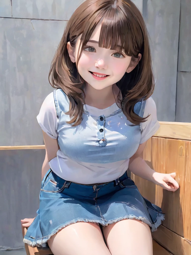 4K, masterpiece, 8k, high quality, 最high quality,A cute 10 year old student, Very white skin, Long brown hair，a bit Low length， freckles， Thin eyebrows， Straight Bangs，(hyper-breasts)， feminine, freckles, Tilt, elegant, elegant, cute, smile, cute, Hilarious, belly button, Denim Low Rise Mini Skirt, and midriff-baring sleeveless shirt, ((Black knee socks)), (Ugly clothes)、((Gray background)) kindergartner, hyper-pregnant, exposed big belly