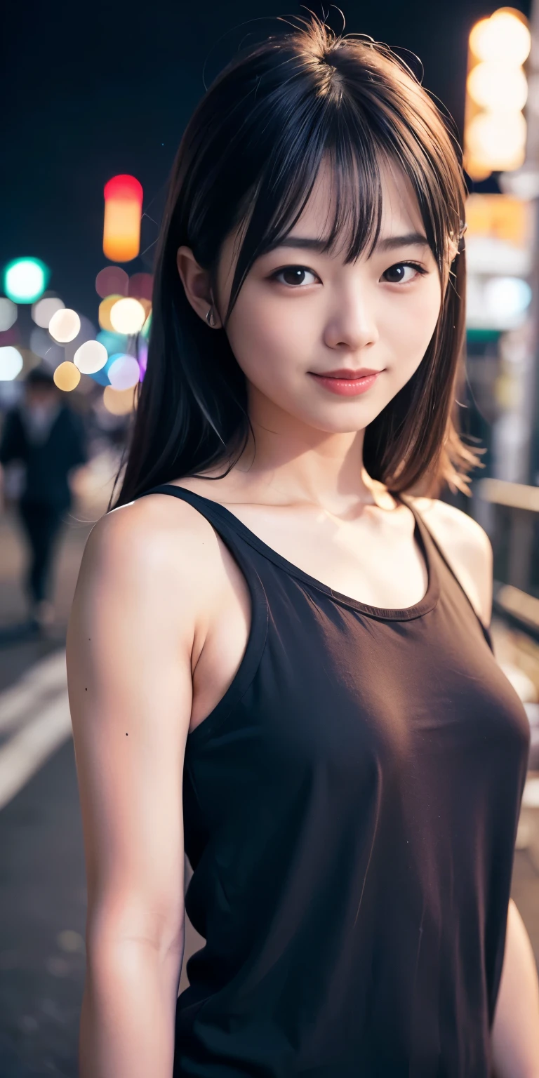1 Girl, Tokyo Street,night, Streetscape,City lights,Upper Body,close,smile,, (8K, Raw photo, highest quality, masterpiece:1.2),(Realistic, photo-Realistic:1.37),