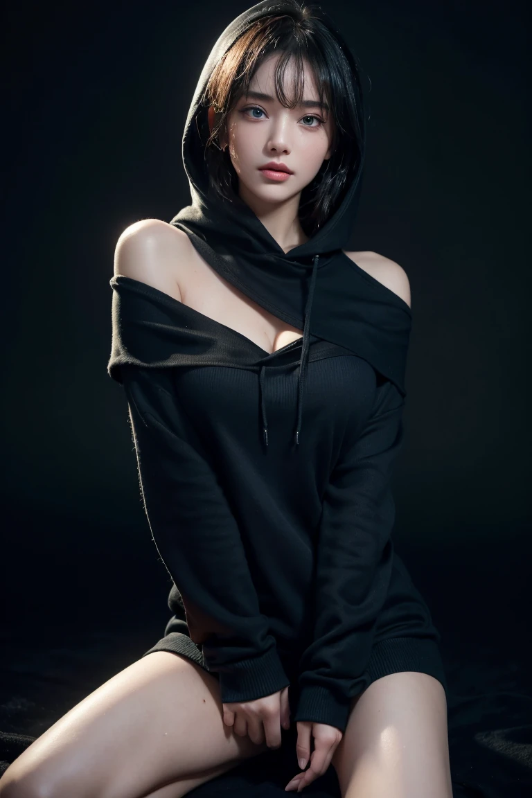 Ultra high resolution,Masterpiece,best quality, Perfect shiny skin, perfect light, lighting details, Stunning shadow, Ray tracing, 1 girl, black sweater, look at viewer, off shoulder, big breasts, The rift revealed, blue eyes, Sharp face, sharp eyes, long bangs, short hair, Village health worker, ((dark background)), Oversized hoodie, wearing a black hoodie, Wearing an ugly black hood, wet (Sweating, soaking wet),