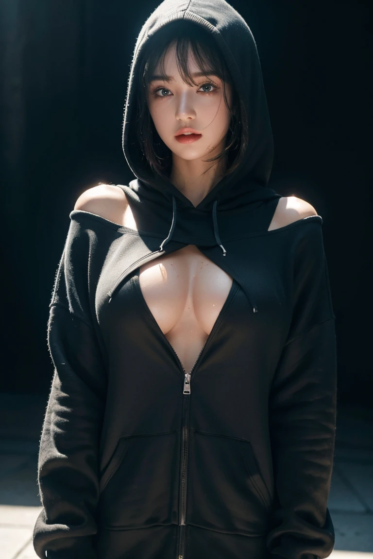 Ultra high resolution,Masterpiece,best quality, Perfect shiny skin, perfect light, lighting details, Stunning shadow, Ray tracing, 1 girl, black sweater, look at viewer, off shoulder, big breasts, The rift revealed, blue eyes, Sharp face, sharp eyes, long bangs, short hair, Village health worker, ((dark background)), Oversized hoodie, wearing a black hoodie, Wearing an ugly black hood, wet (Sweating, soaking wet),